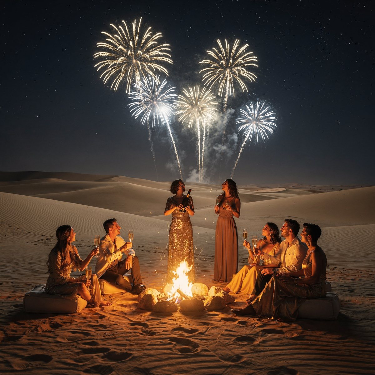 Brindisi di Capodanno intorno al fuoco tra le dune, sotto i fuochi d'artificio