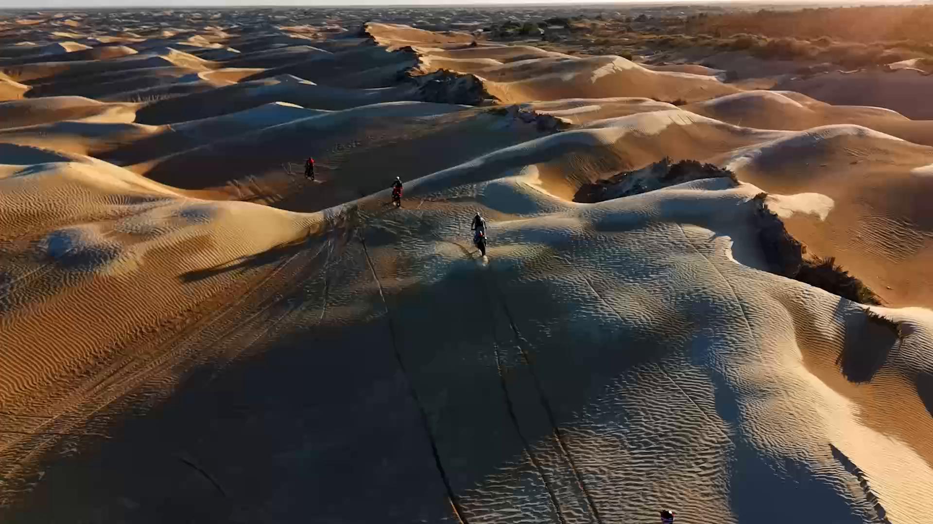 Moto sulle dune del Sahara viste dall'alto