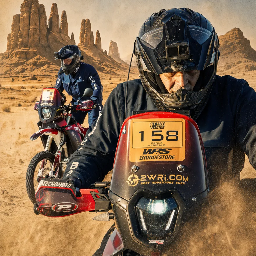 Paolo Marisaldi in sella alla sua moto da rally, numero 158, tra le rocce del deserto