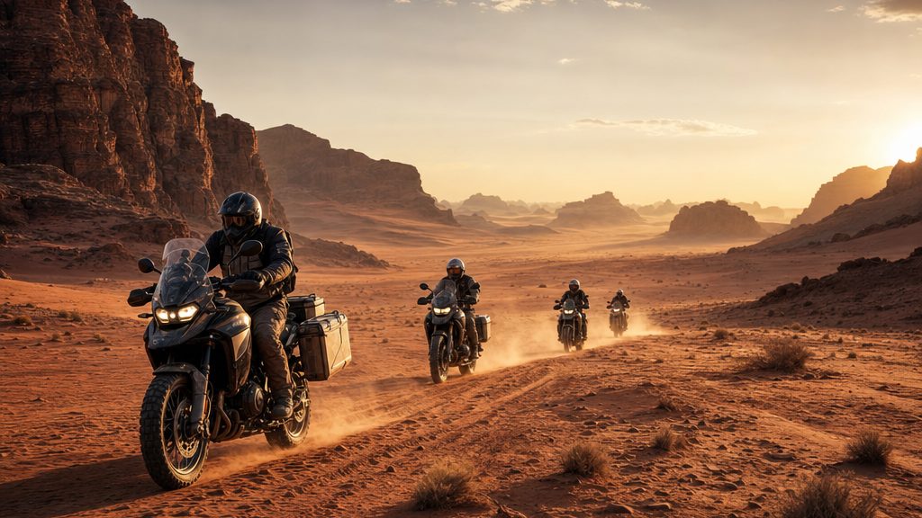 Motociclisti tra le rocce rossastre del deserto marocchino, tour Il Cuore del Sahara