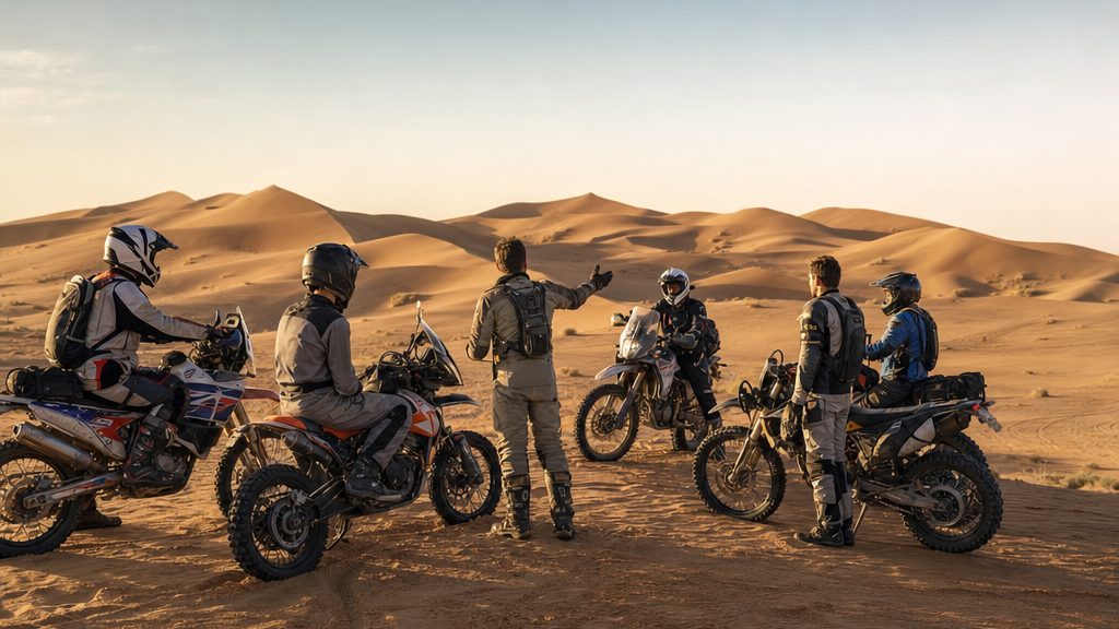 Gruppo di motociclisti con istruttore tra le dune durante il tour Sahara Training